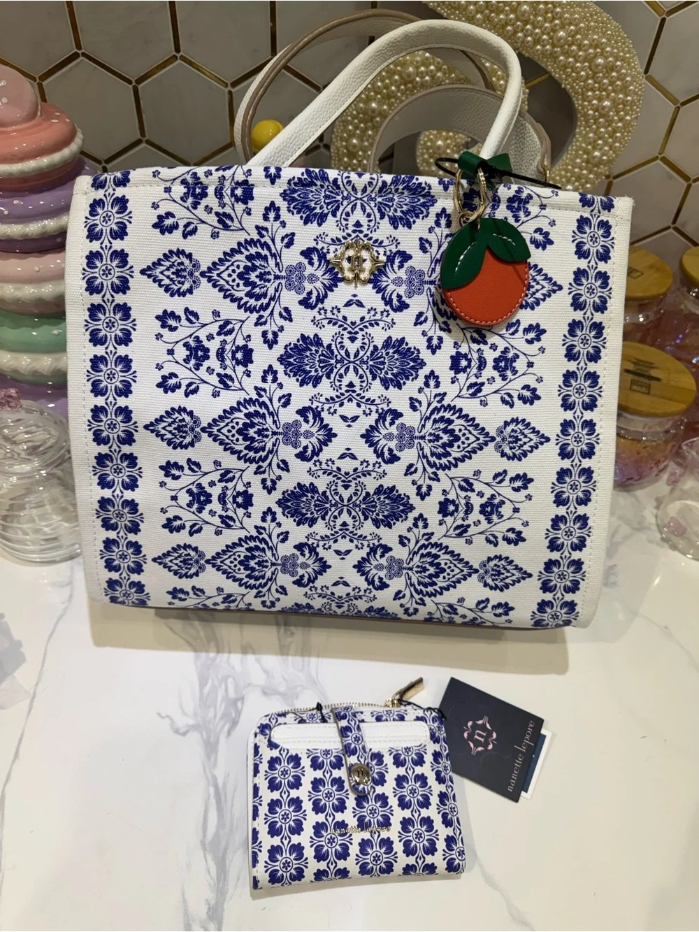 Nanette Lepore White & Blue Floral Satchel with Orange Charm Bundle